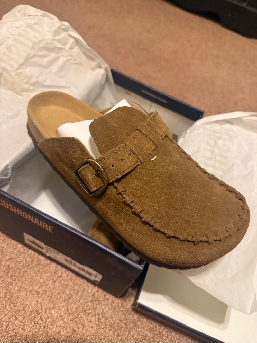 Cushionaire Suede Mule with Buckle - Brown